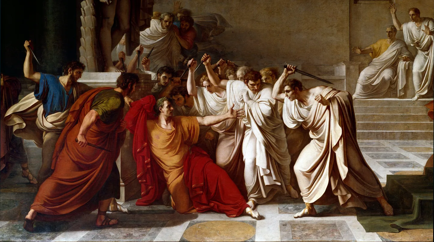 A group of men wearing togas assault Julius Caesar in this painting depicting his assassination.