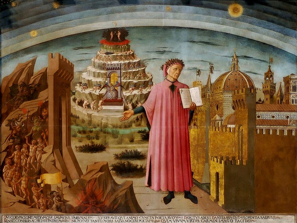 Dante Domenico di Michelino Duomo Florence.jpg: Dante Meets Beatrice: Dante holds a copy of the Divine Comedy next to the entrance to Hell, the seven terraces of Mount Purgatory and the city of Florence, with the spheres of Heaven above. This fresco painting is by Domenico di Michelino (1465).